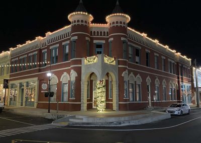 Historic Turret Building Christmas Lights
